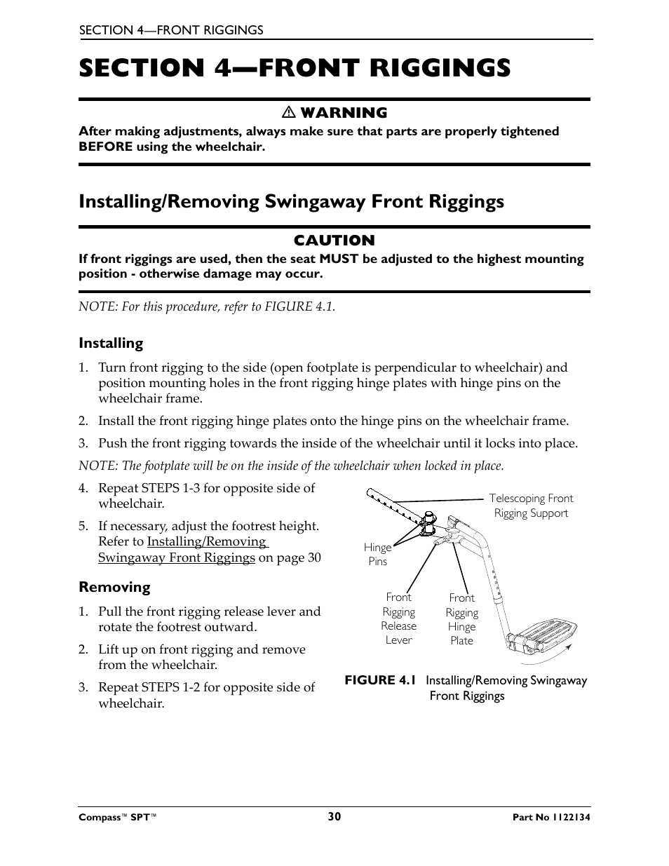 Section 4- front riggings, Installing/removing swingaway front riggings, Installing | Removing, Section 4—front riggings | Invacare Compass SPT PH904A User Manual | Page 30 / 64
