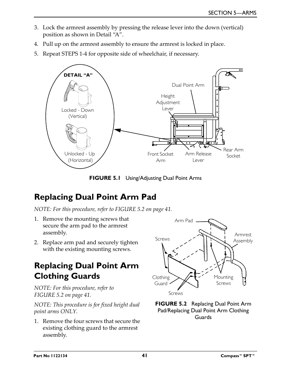 Replacing dual point arm pad, Replacing dual point arm clothing guards | Invacare Compass SPT PH904A User Manual | Page 41 / 64