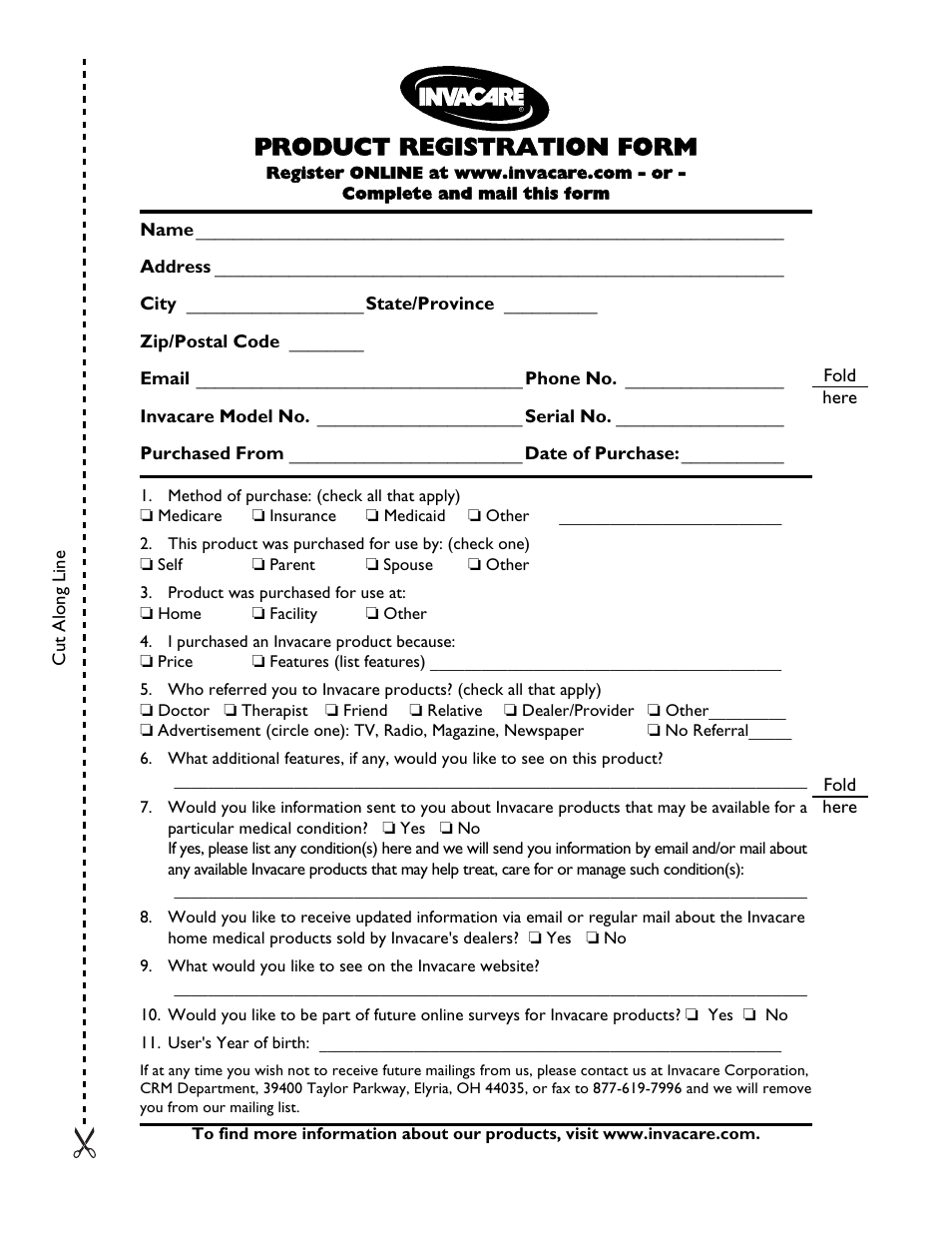 Product registration form | Invacare Compass SPT PH904A User Manual | Page 7 / 64