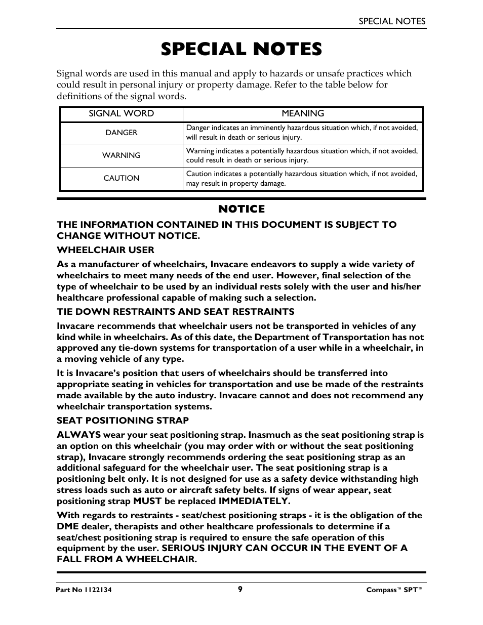 Special notes | Invacare Compass SPT PH904A User Manual | Page 9 / 64