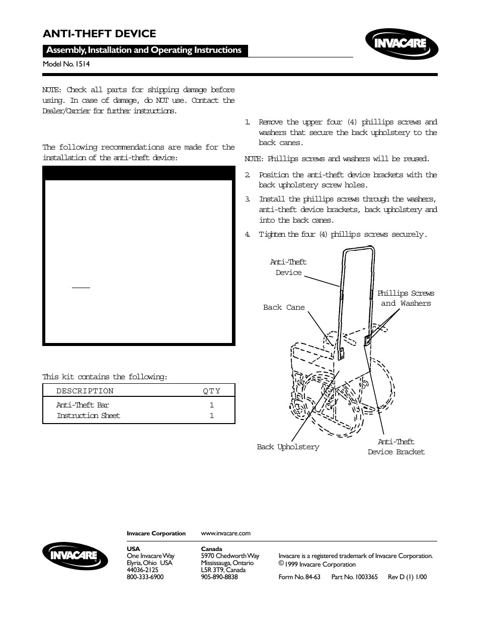 Invacare 1514 User Manual | 1 page