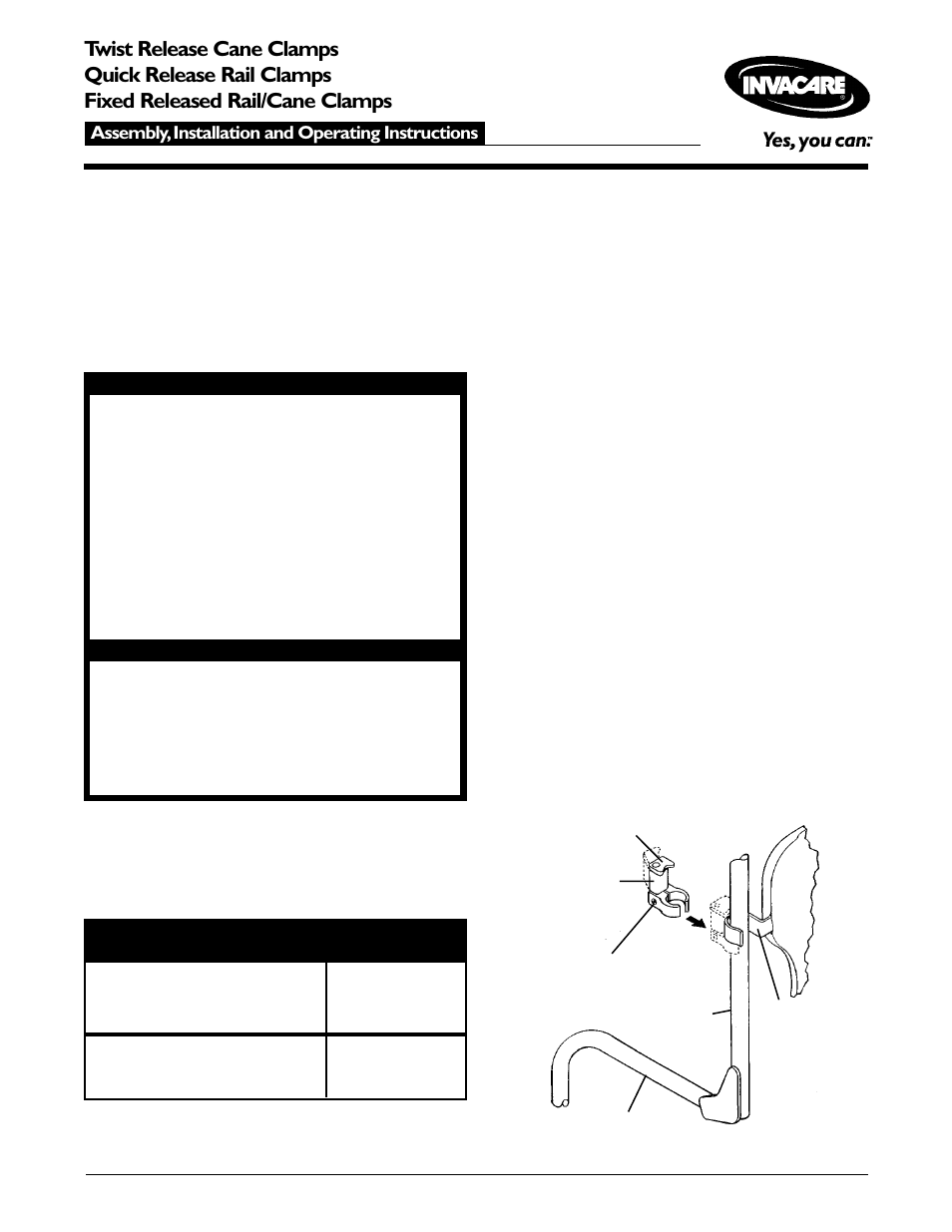 Invacare Fixed Released Rail/Cane Clamps User Manual | 4 pages