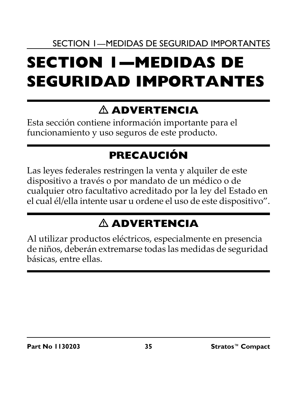 Section 1— medidas de seguridad importantes, M advertencia, Precaución | Ƽ advertencia | Invacare Stratos Compact IRC 1710 User Manual | Page 35 / 92