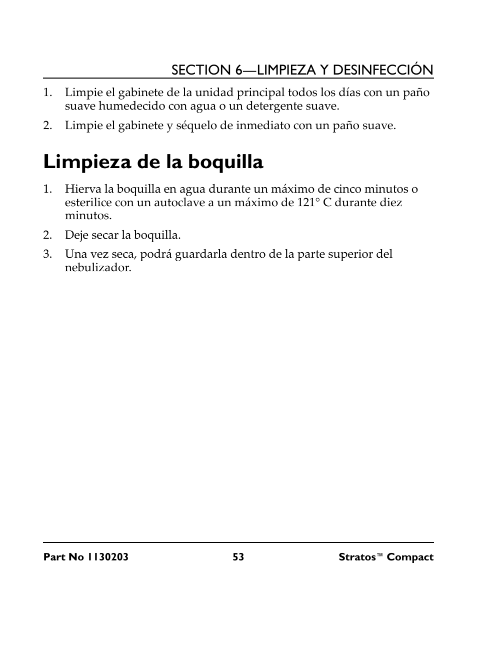 Limpieza de la boquilla, Deje secar la boquilla | Invacare Stratos Compact IRC 1710 User Manual | Page 53 / 92