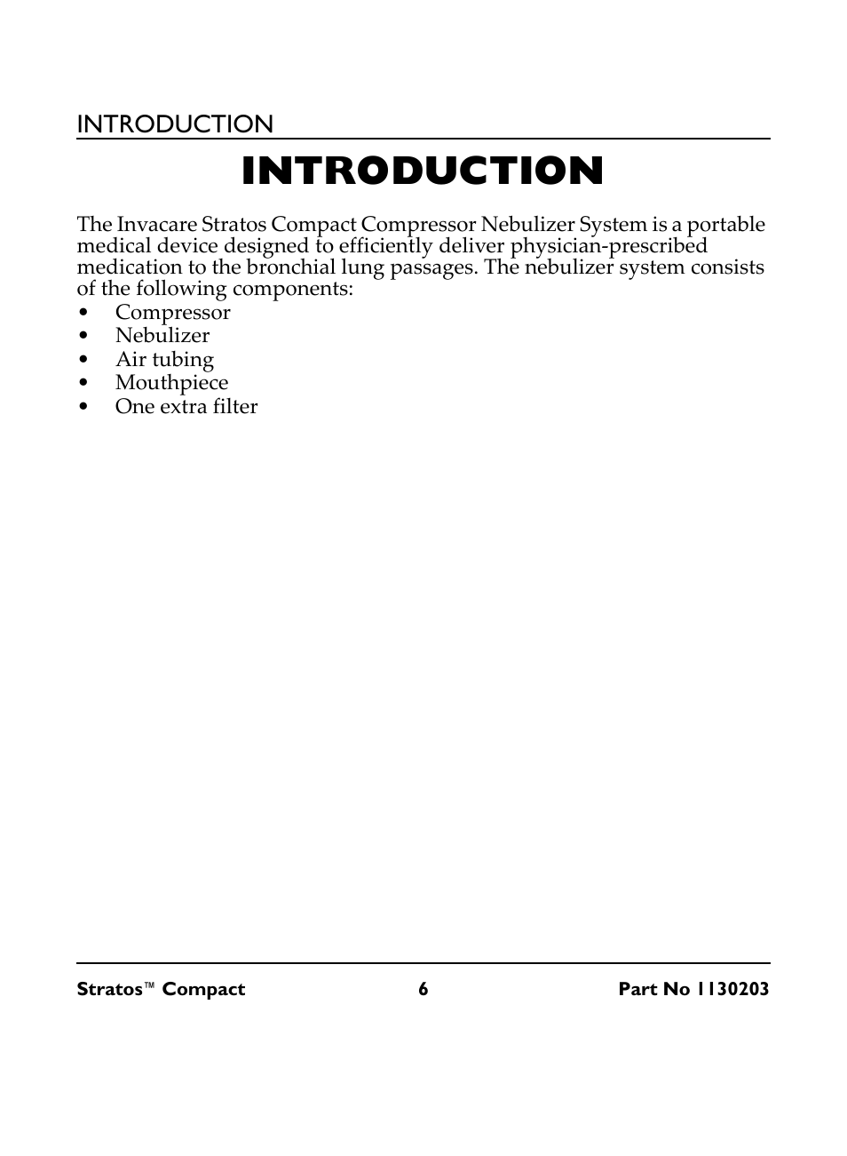 Introduction, Compressor, Nebulizer | Air tubing, Mouthpiece, One extra filter | Invacare Stratos Compact IRC 1710 User Manual | Page 6 / 92