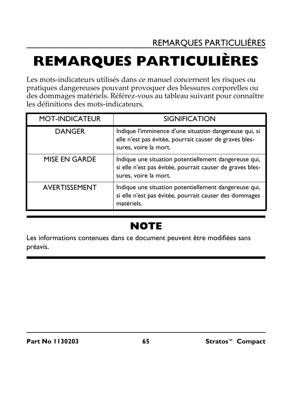 Remarques particulières, Mot-indicateur, Signification | Note | Invacare Stratos Compact IRC 1710 User Manual | Page 65 / 92