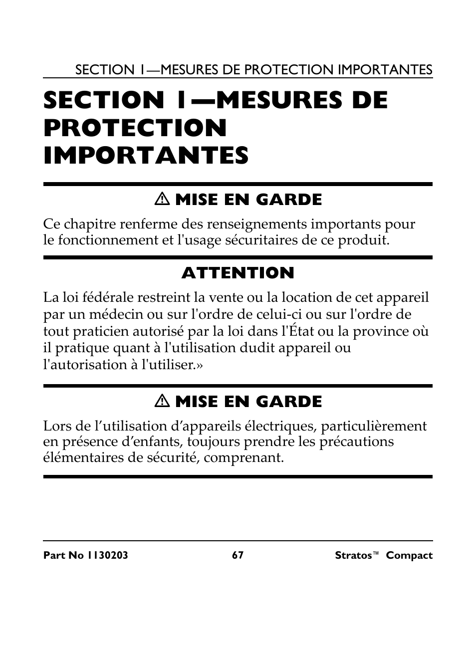 Section 1— mesures de protection importantes, M mise en garde, Attention | Invacare Stratos Compact IRC 1710 User Manual | Page 67 / 92