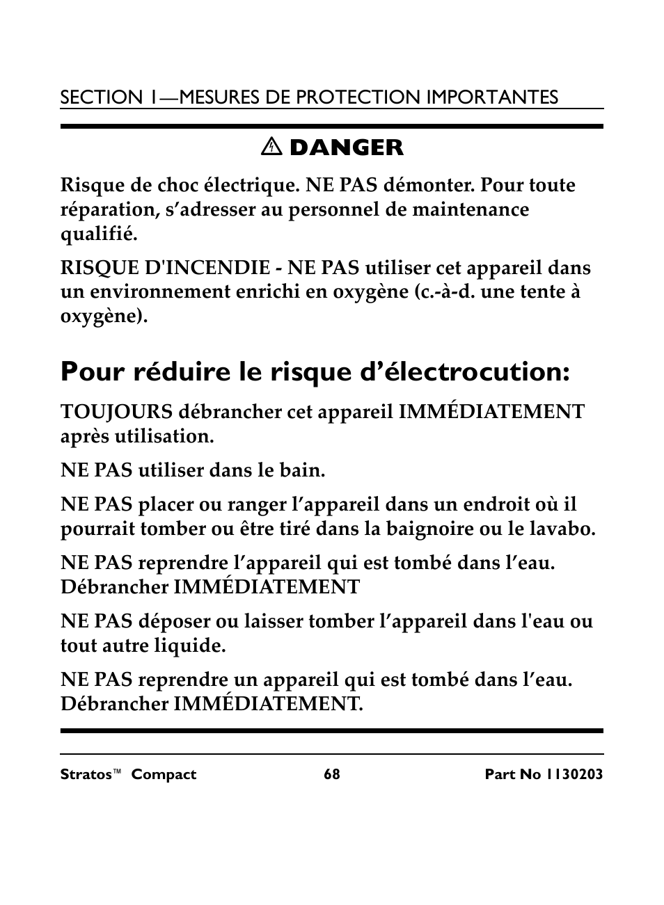 C danger, Pour réduire le risque d’électrocution, Ne pas utiliser dans le bain | Ꮨ danger | Invacare Stratos Compact IRC 1710 User Manual | Page 68 / 92