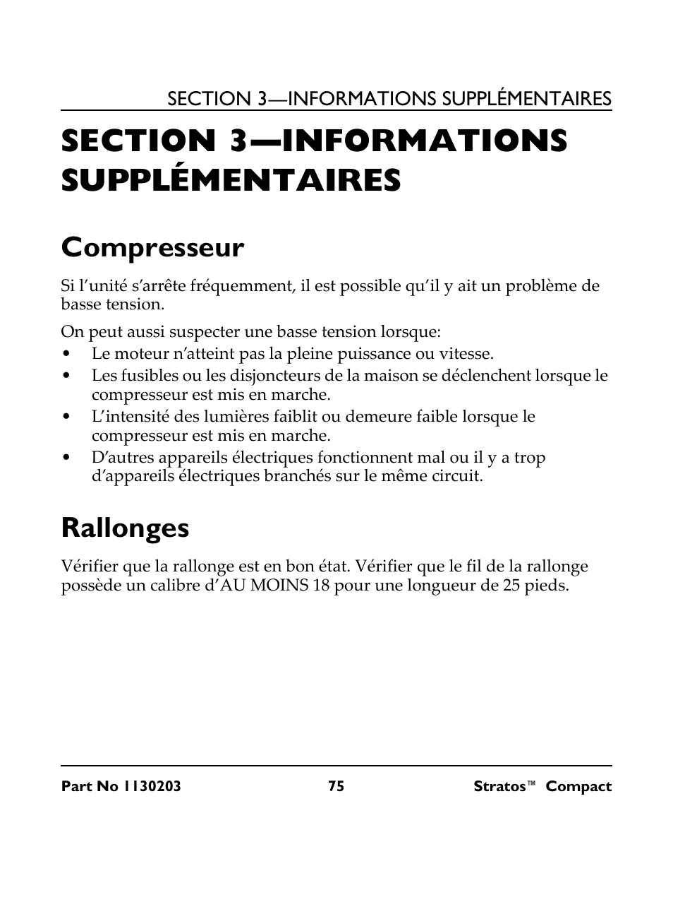 Section 3— informations supplémentaires, Compresseur, On peut aussi suspecter une basse tension lorsque | Rallonges | Invacare Stratos Compact IRC 1710 User Manual | Page 75 / 92