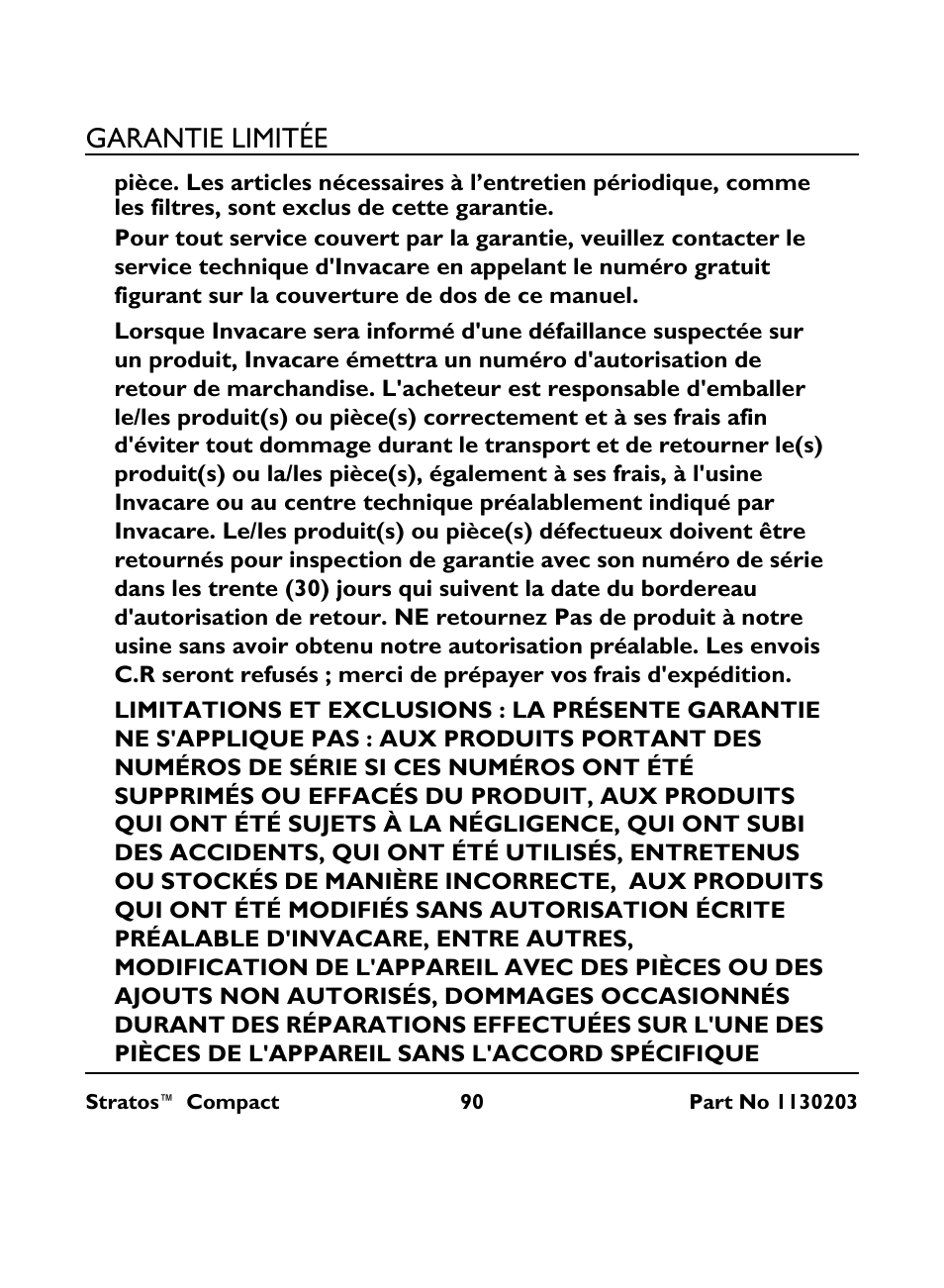 Garantie limitée | Invacare Stratos Compact IRC 1710 User Manual | Page 90 / 92