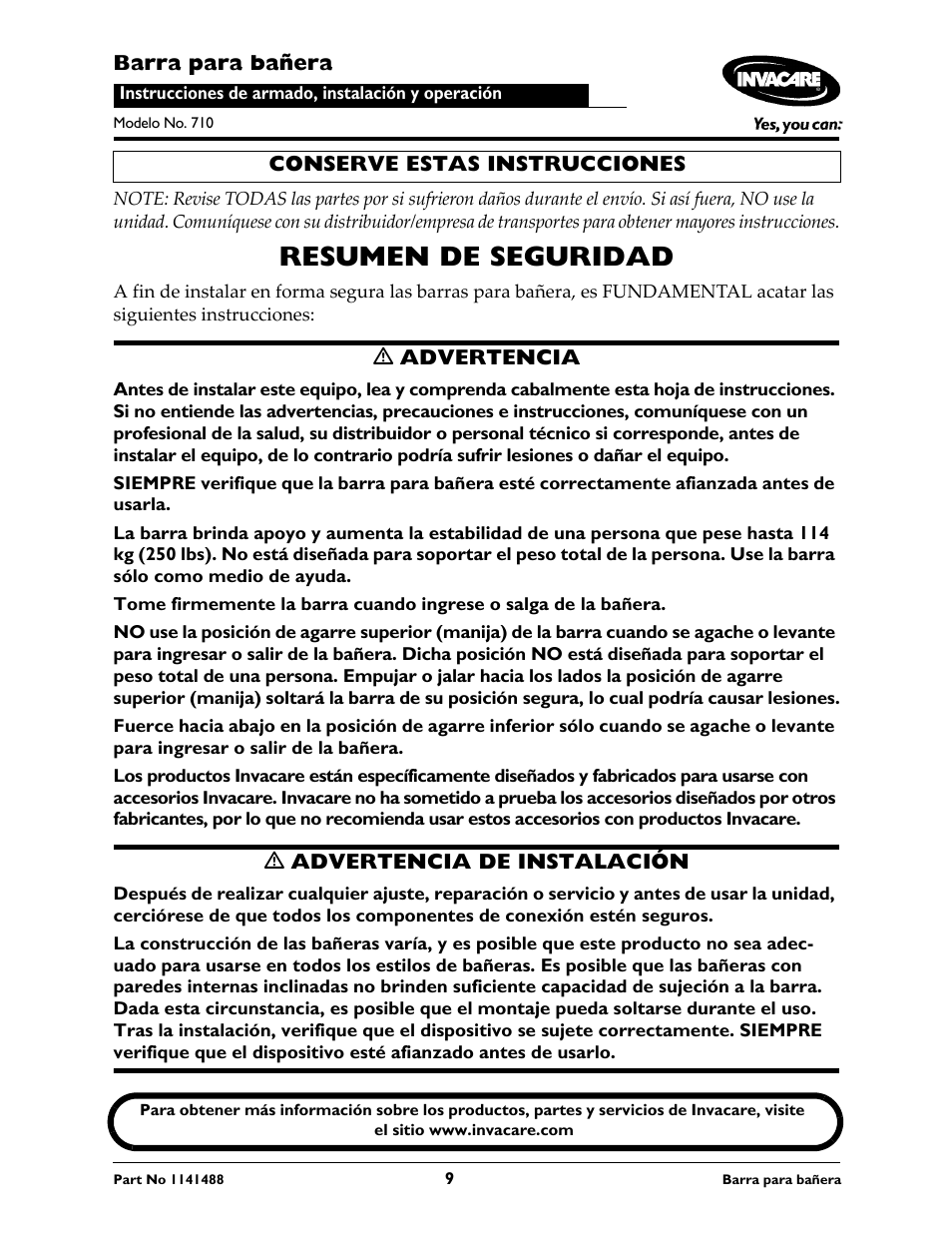 Resumen de seguridad | Invacare 710 User Manual | Page 9 / 12