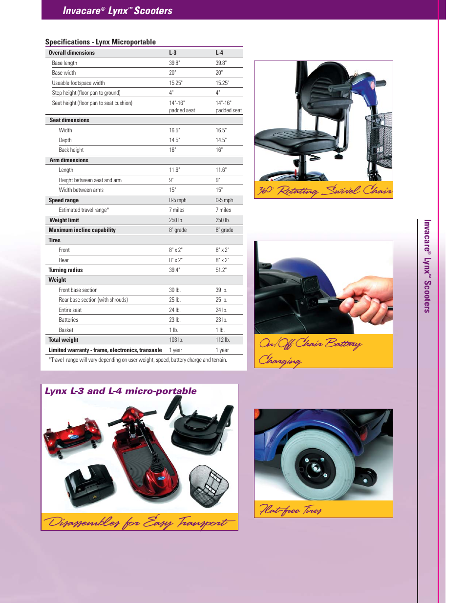 Disassembles for easy transport, Invacare, Lynx | Scooters, Lynx l-3 and l-4 micro-portable | Invacare Lynx L-3 User Manual | Page 3 / 6