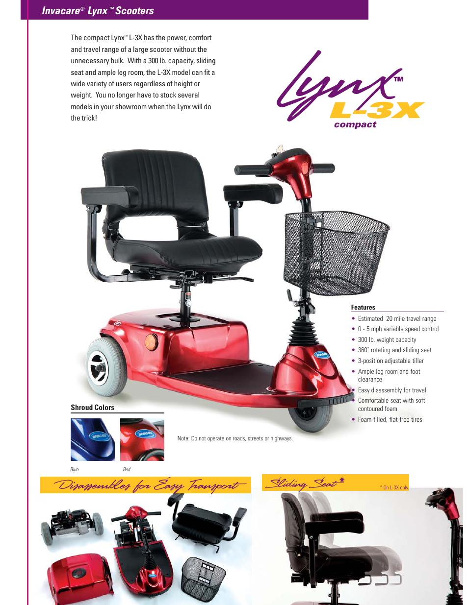 L-3x, Disassembles for easy transport, Sliding seat | Invacare Lynx L-3 User Manual | Page 4 / 6