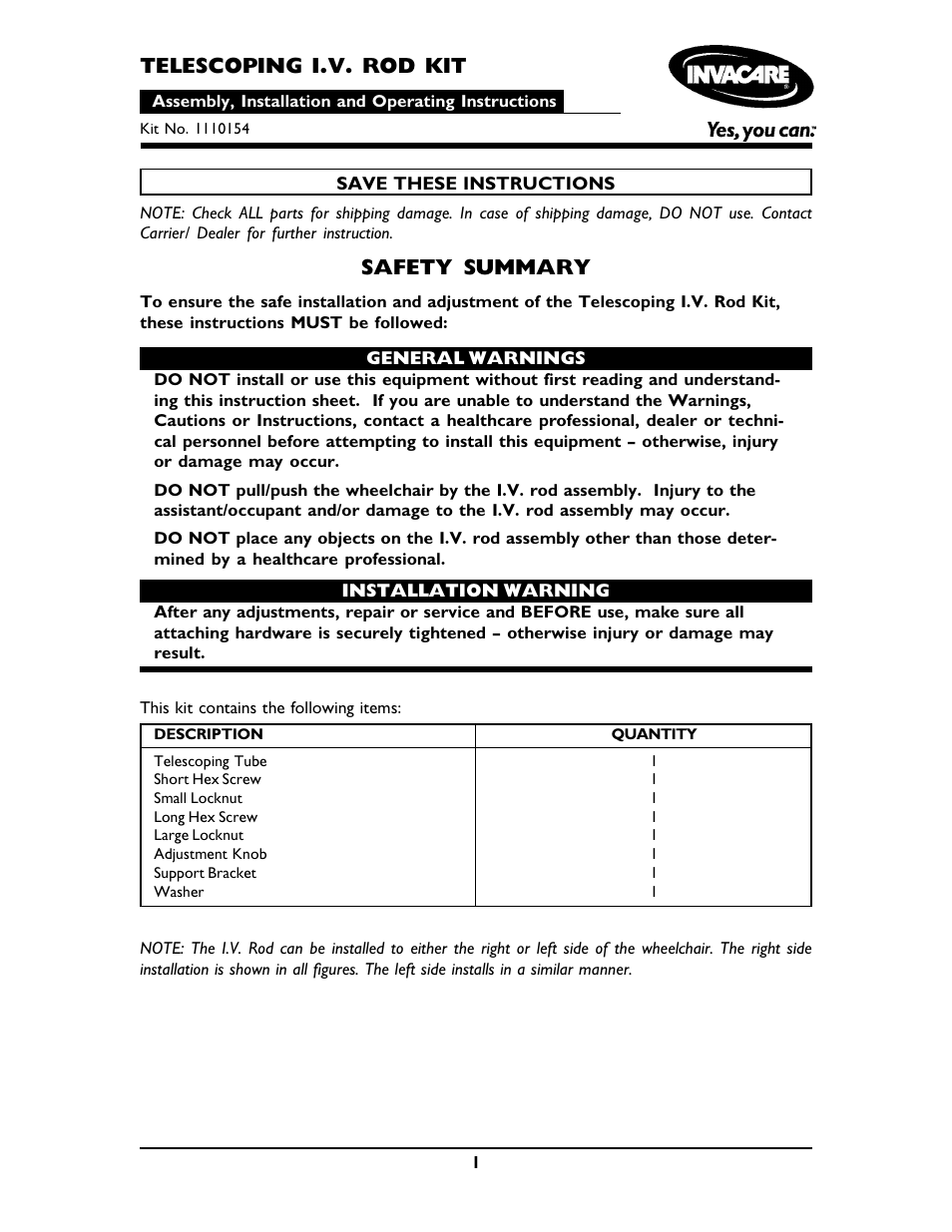 Invacare 1110154 User Manual | 4 pages