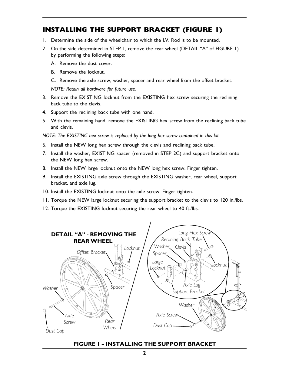 Installing the support bracket (figure 1) | Invacare 1110154 User Manual | Page 2 / 4