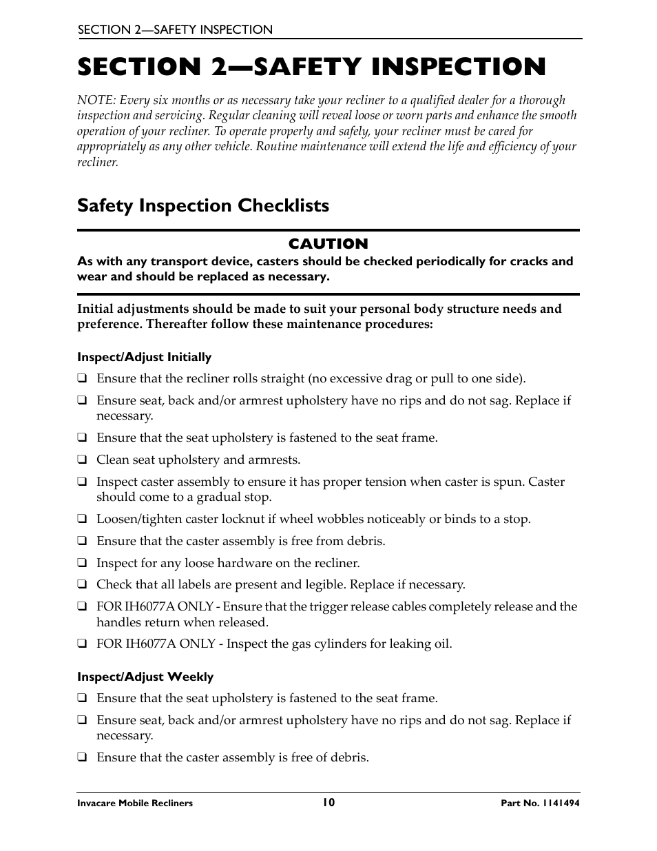 Section 2—safety inspection, Safety inspection checklists | Invacare Deluxe Three-Position IH6065 series User Manual | Page 10 / 32