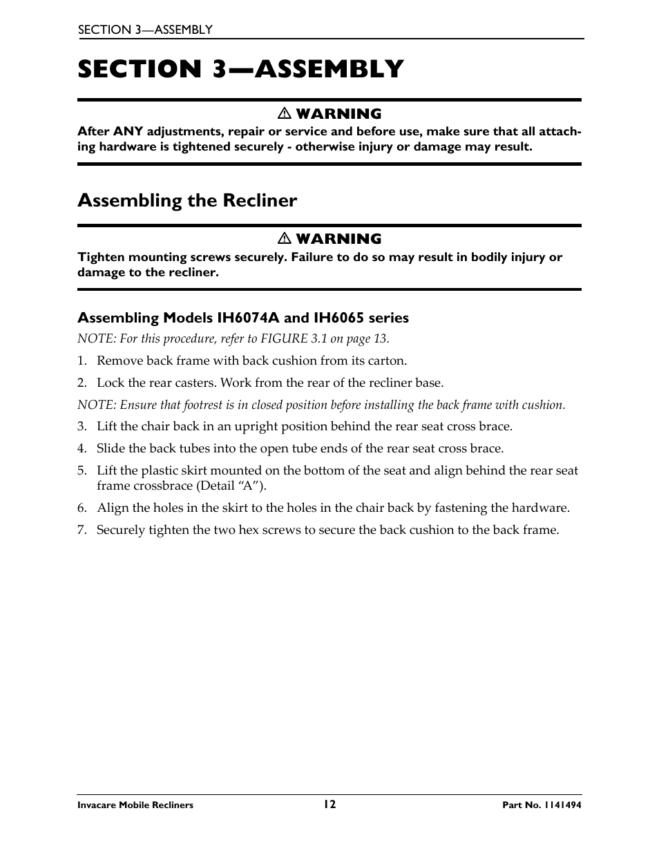 Section 3—assembly, Assembling the recliner, Assembling models ih6074a and ih6065 series | Invacare Deluxe Three-Position IH6065 series User Manual | Page 12 / 32