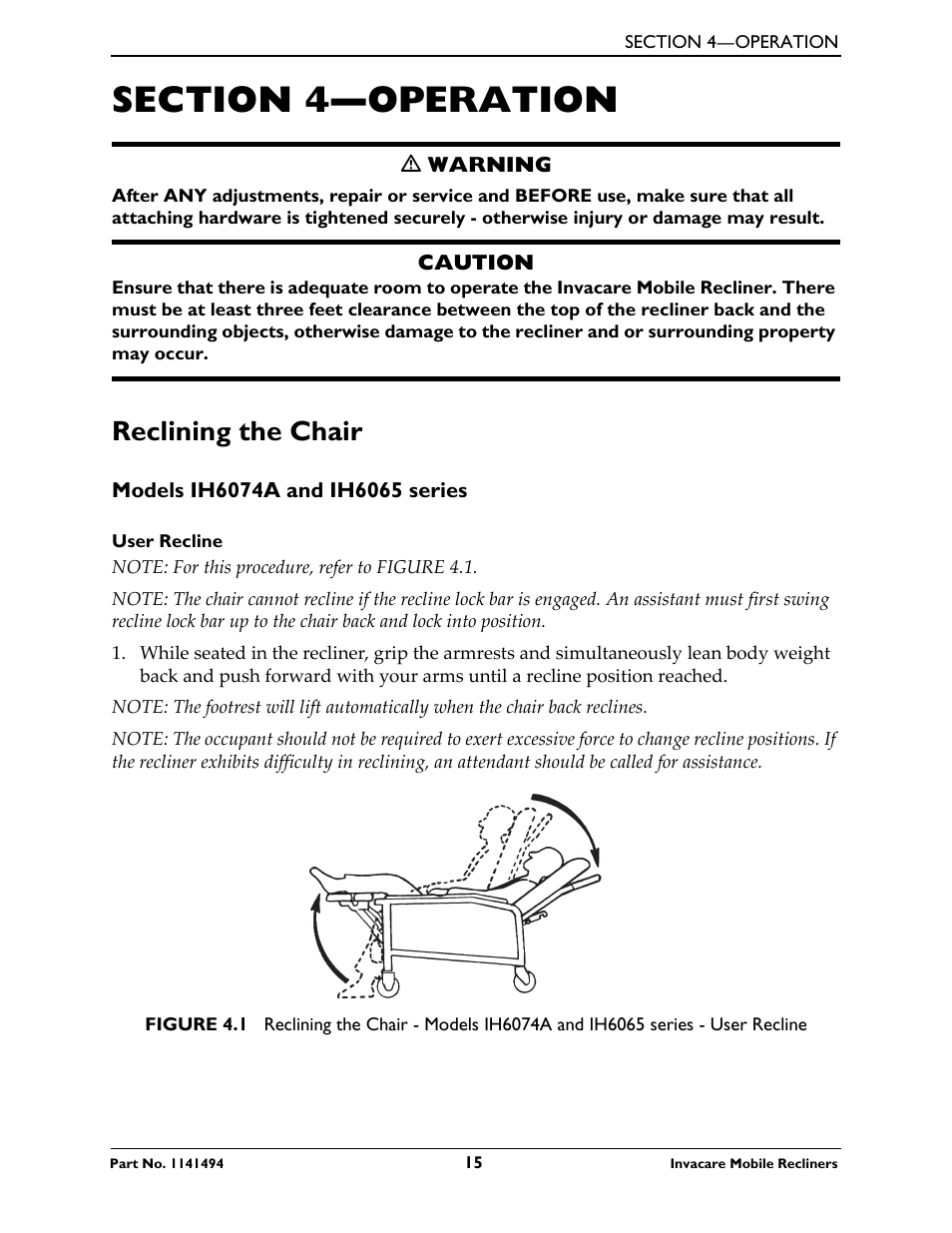 Section 4—operation, Reclining the chair, Models ih6074a and ih6065 series | Invacare Deluxe Three-Position IH6065 series User Manual | Page 15 / 32