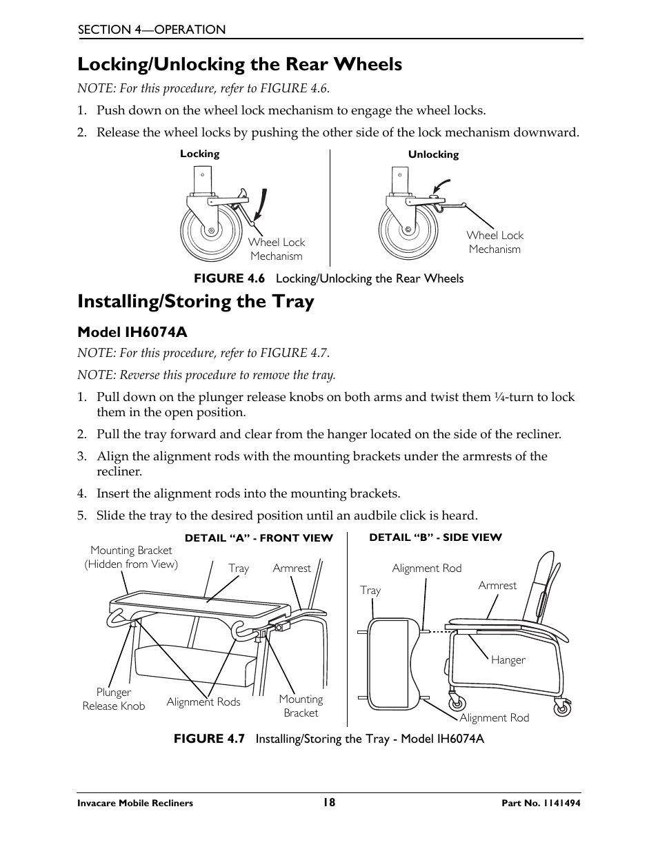 Model ih6074a, Locking/unlocking the rear wheels, Installing/storing the tray | Invacare Deluxe Three-Position IH6065 series User Manual | Page 18 / 32