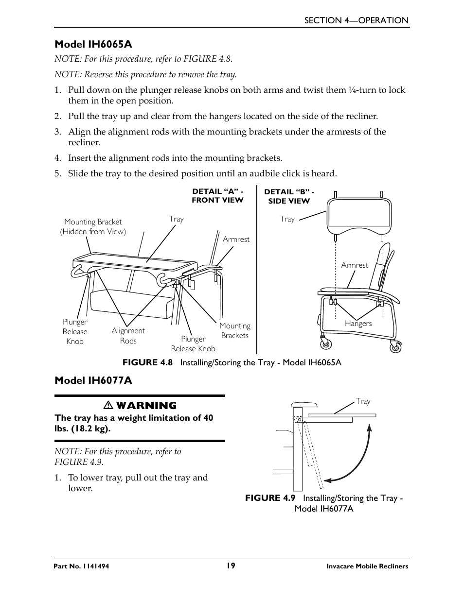 Model ih6065a, Model ih6077a, Model ih6077a ƽ warning | Invacare Deluxe Three-Position IH6065 series User Manual | Page 19 / 32