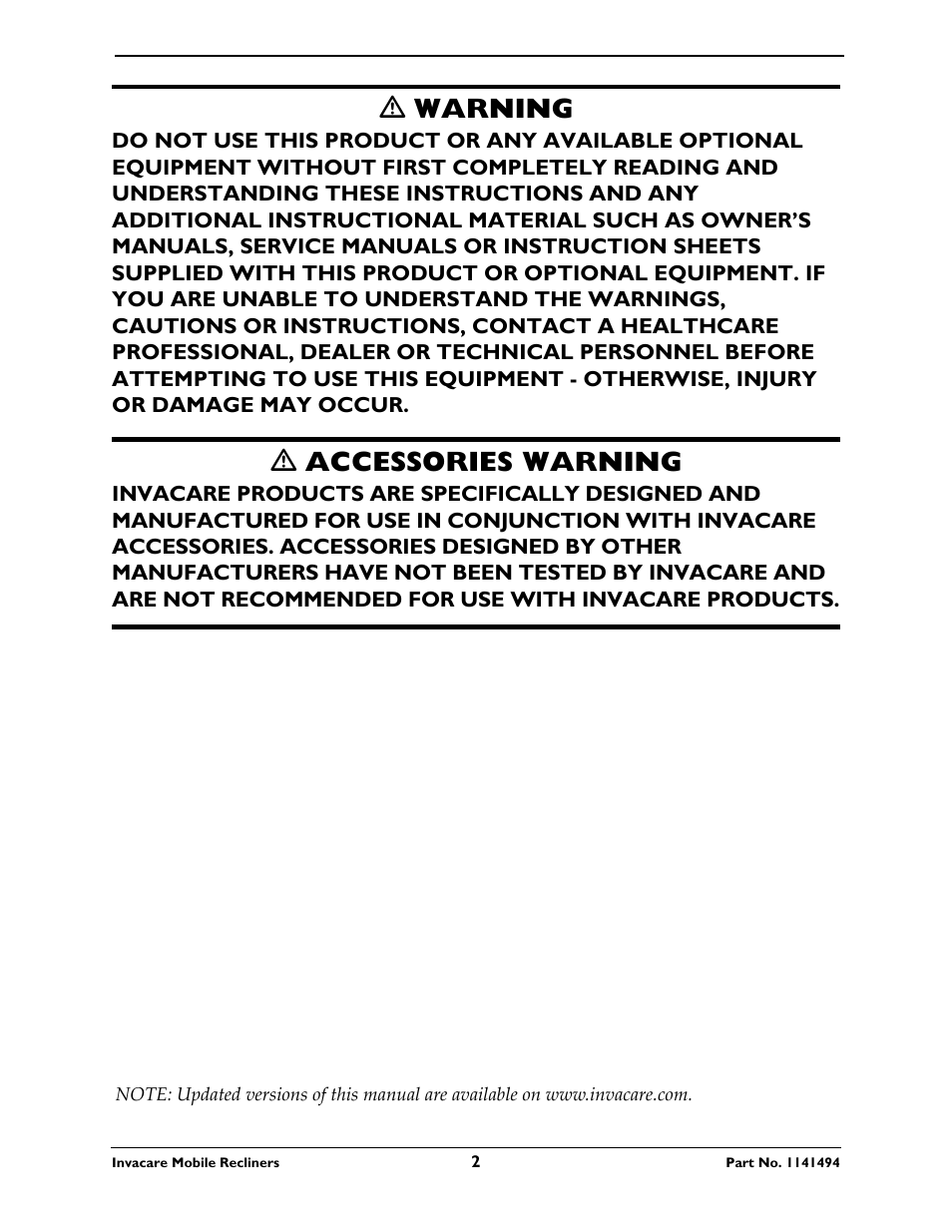 Ƽ warning, Ƽ accessories warning | Invacare Deluxe Three-Position IH6065 series User Manual | Page 2 / 32