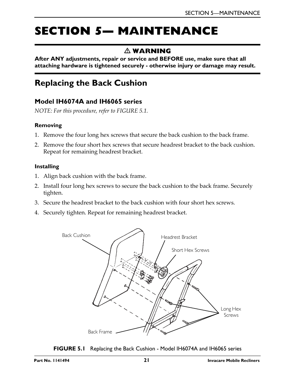 Section 5— maintenance, Replacing the back cushion, Model ih6074a and ih6065 series | Invacare Deluxe Three-Position IH6065 series User Manual | Page 21 / 32