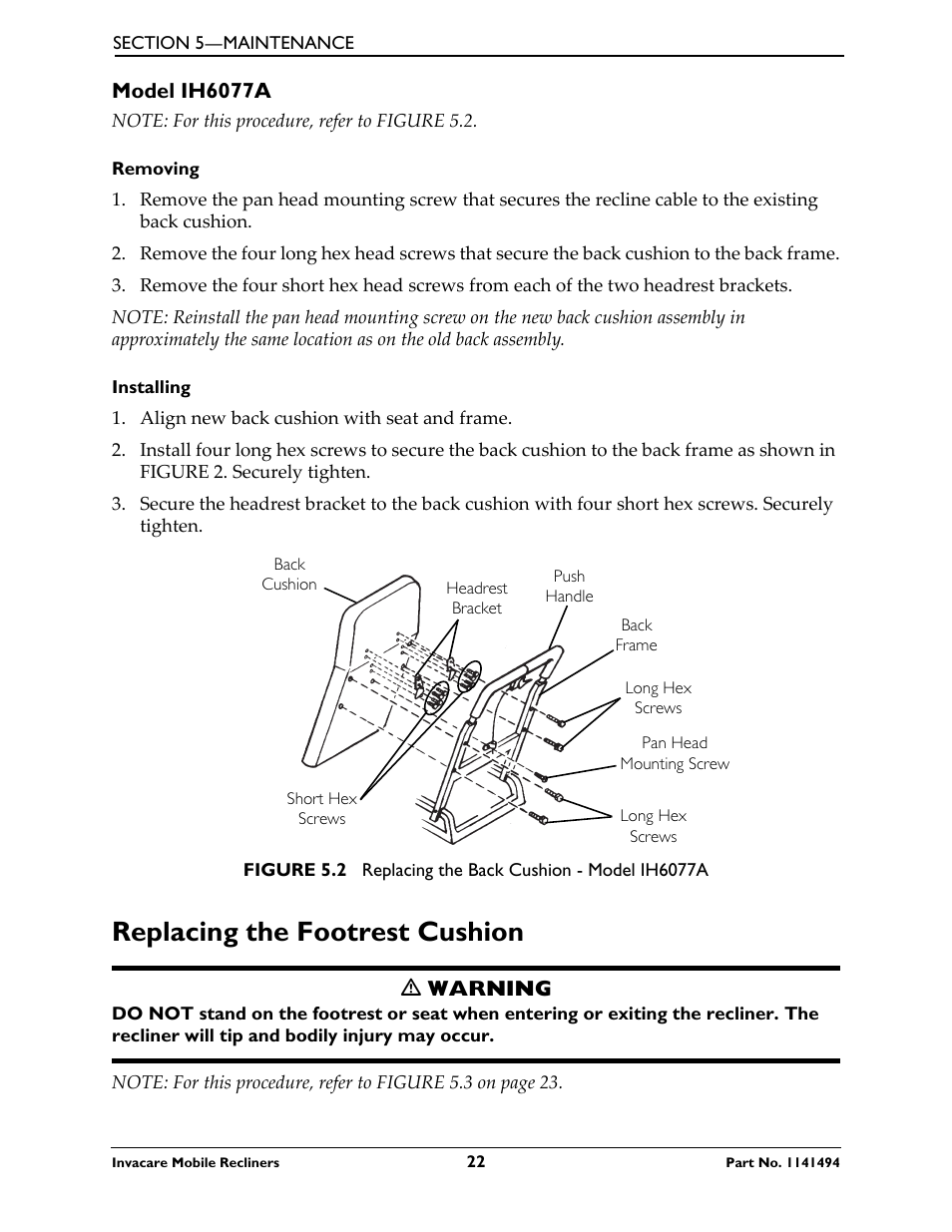 Model ih6077a, Replacing the footrest cushion | Invacare Deluxe Three-Position IH6065 series User Manual | Page 22 / 32