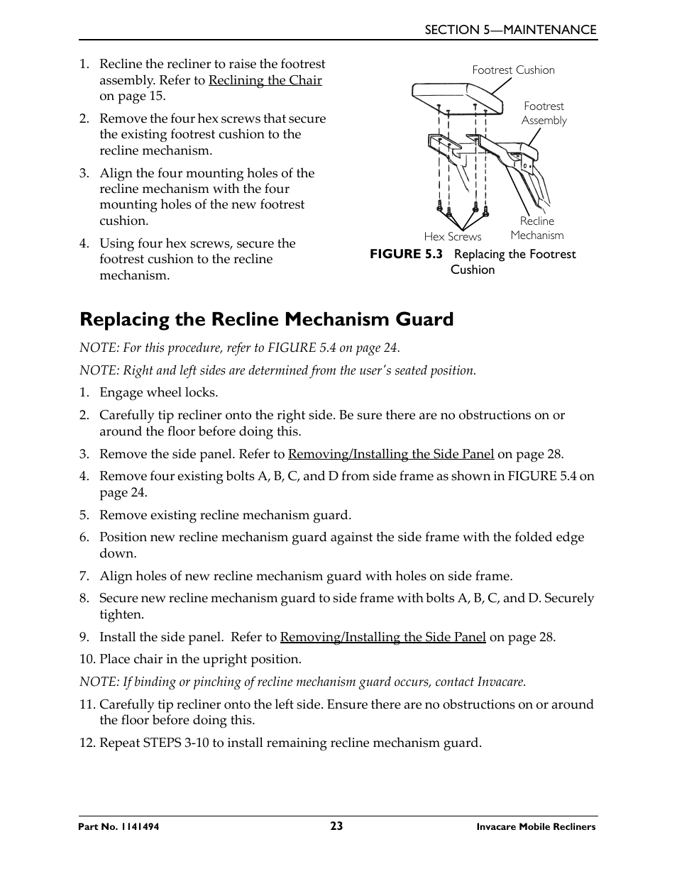 Replacing the recline mechanism guard | Invacare Deluxe Three-Position IH6065 series User Manual | Page 23 / 32