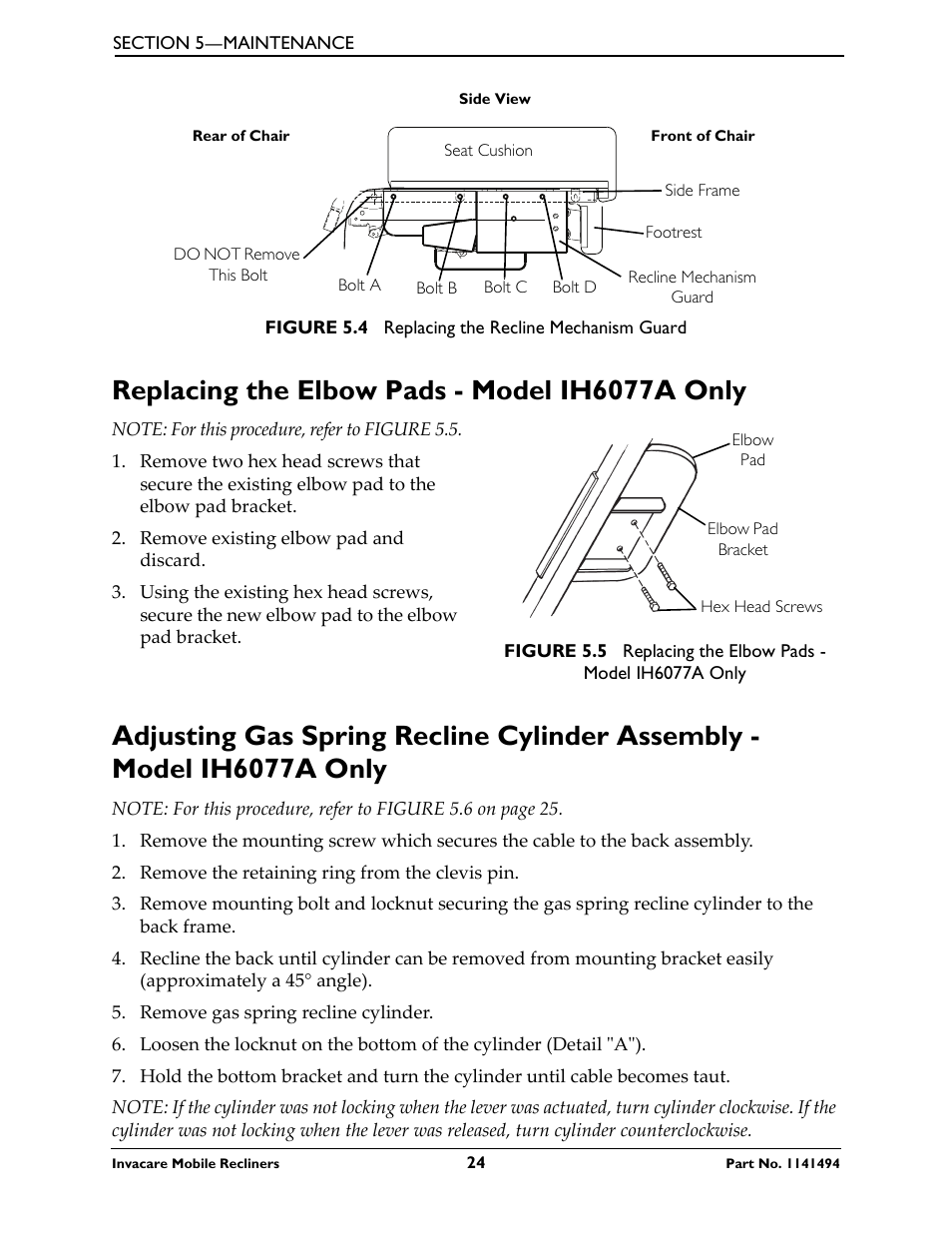 Figure 5.4 on, Replacing the elbow pads - model ih6077a only | Invacare Deluxe Three-Position IH6065 series User Manual | Page 24 / 32