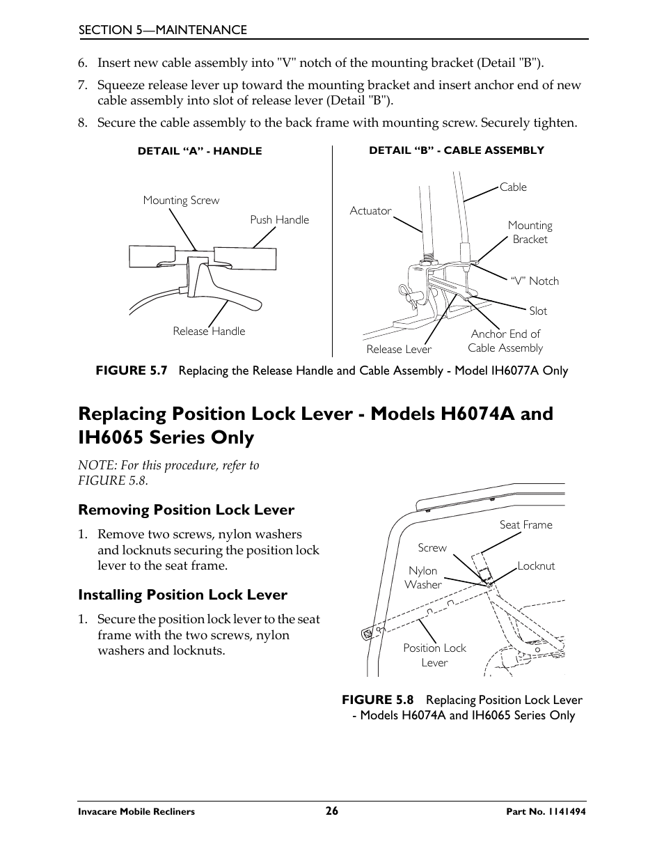 Removing position lock lever, Installing position lock lever | Invacare Deluxe Three-Position IH6065 series User Manual | Page 26 / 32