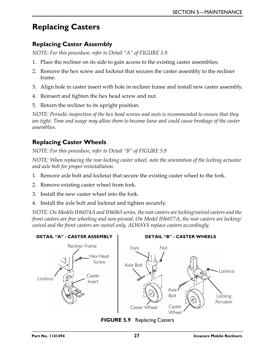 Replacing casters, Replacing caster assembly, Replacing caster wheels | Invacare Deluxe Three-Position IH6065 series User Manual | Page 27 / 32