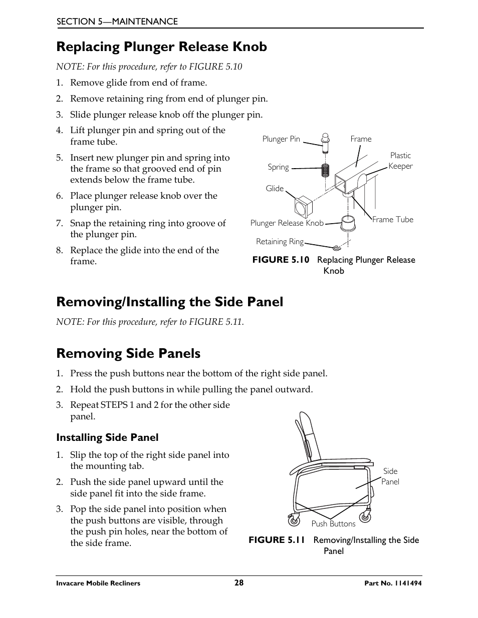 Installing side panel, Replacing plunger release knob, Removing/installing the side panel | Removing side panels | Invacare Deluxe Three-Position IH6065 series User Manual | Page 28 / 32