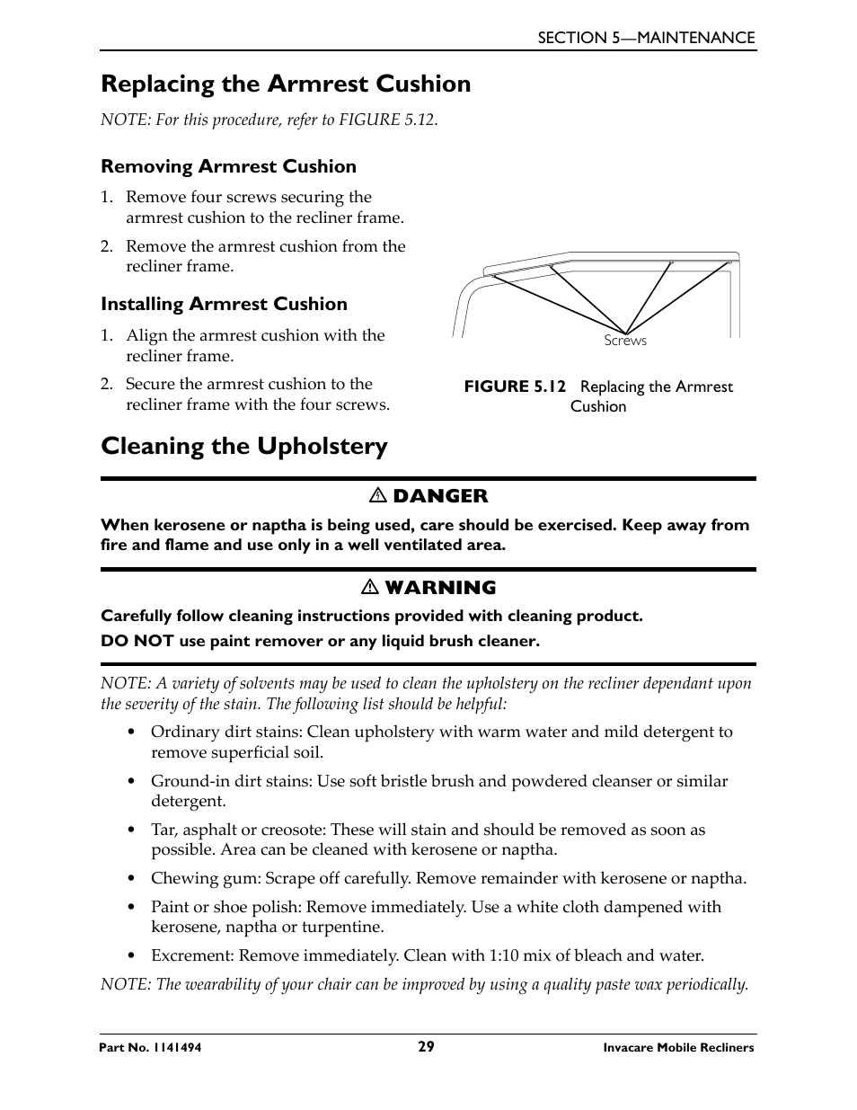 Replacing the armrest cushion, Removing armrest cushion, Installing armrest cushion | Cleaning the upholstery | Invacare Deluxe Three-Position IH6065 series User Manual | Page 29 / 32