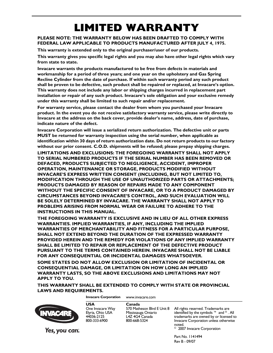 Part no. 1141494, Limited warranty | Invacare Deluxe Three-Position IH6065 series User Manual | Page 32 / 32