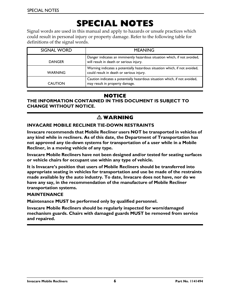 Special notes | Invacare Deluxe Three-Position IH6065 series User Manual | Page 6 / 32