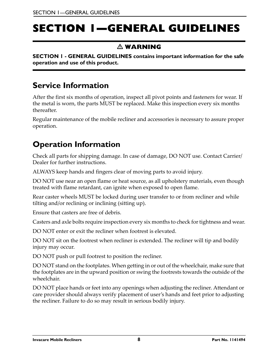 Section 1—general guidelines, Service information operation information, Service information | Operation information | Invacare Deluxe Three-Position IH6065 series User Manual | Page 8 / 32