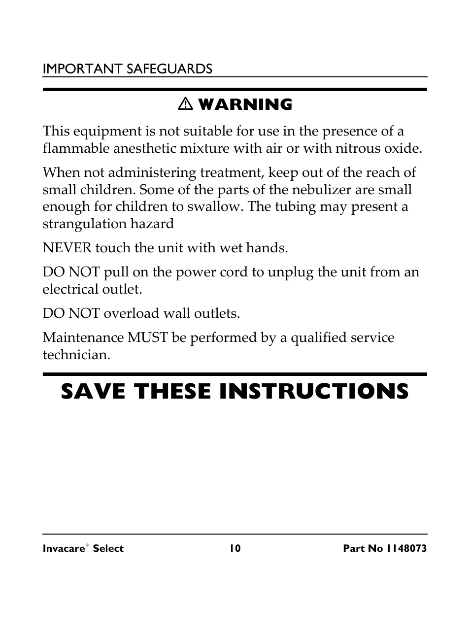 M warning, Never touch the unit with wet hands, Do not overload wall outlets | Save these instructions, Ƽ warning | Invacare IRC 1705 User Manual | Page 10 / 32