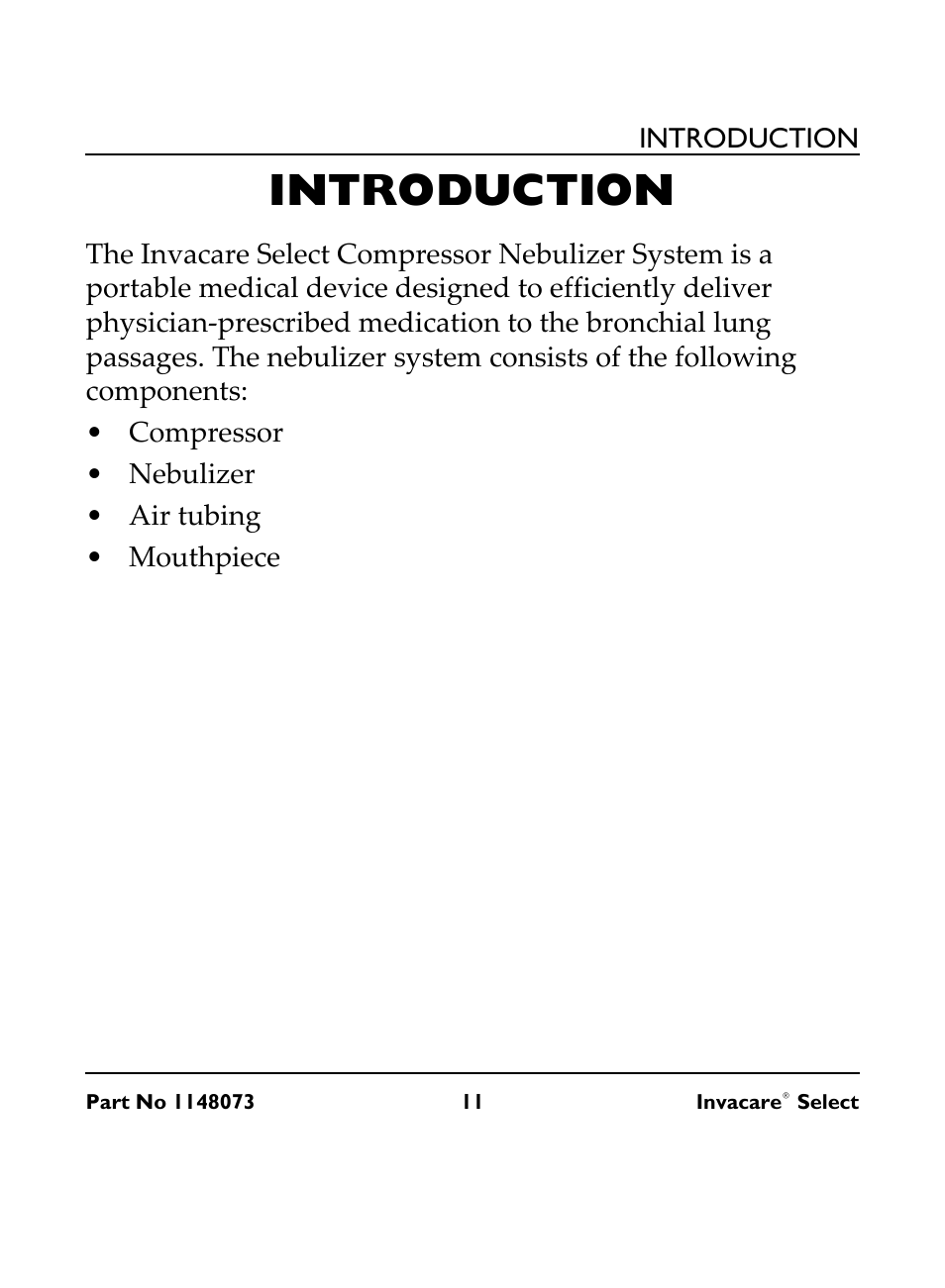 Introduction, Compressor, Nebulizer | Air tubing, Mouthpiece | Invacare IRC 1705 User Manual | Page 11 / 32