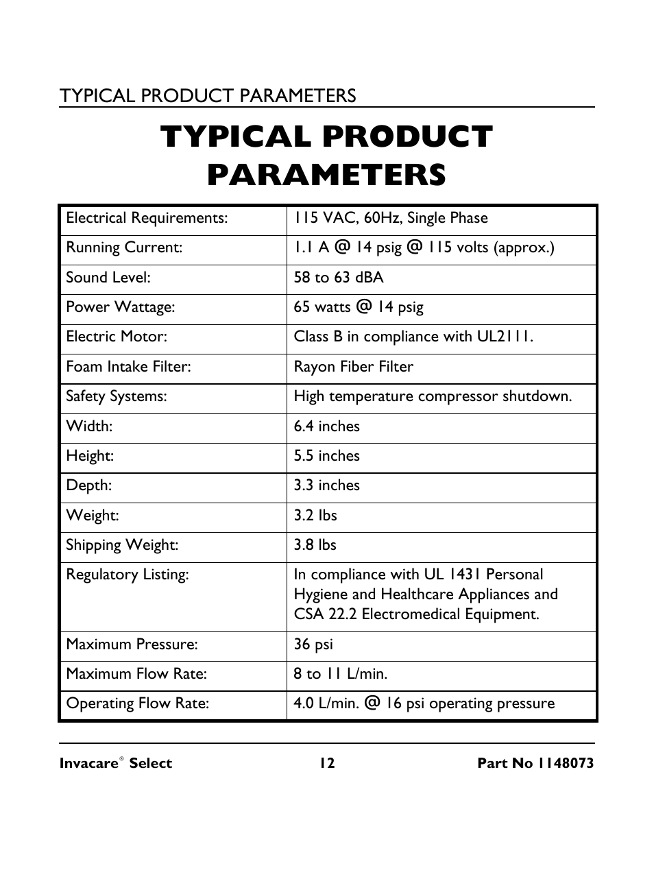 Typical product parameters | Invacare IRC 1705 User Manual | Page 12 / 32