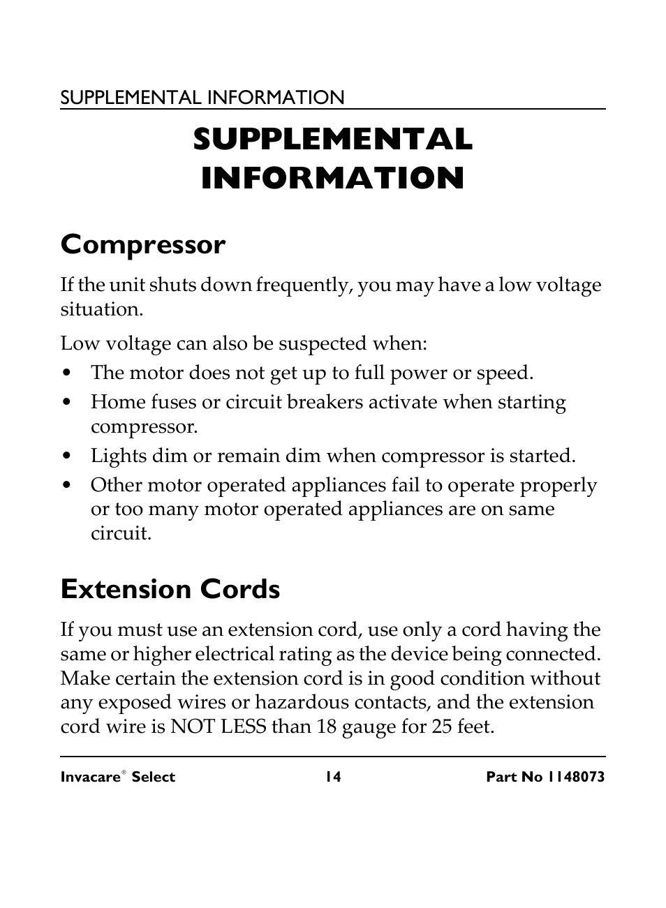 Supplemental information, Compressor, Low voltage can also be suspected when | The motor does not get up to full power or speed, Extension cords | Invacare IRC 1705 User Manual | Page 14 / 32