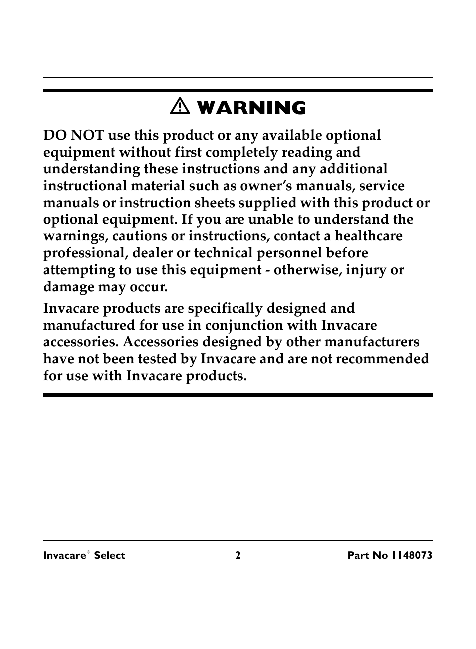M warning, Warning | Invacare IRC 1705 User Manual | Page 2 / 32