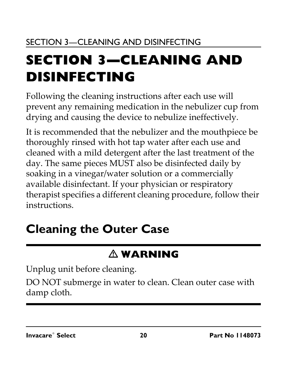 Section 3— cleaning and disinfecting, Cleaning the outer case, M warning | Unplug unit before cleaning, Ƽ warning | Invacare IRC 1705 User Manual | Page 20 / 32