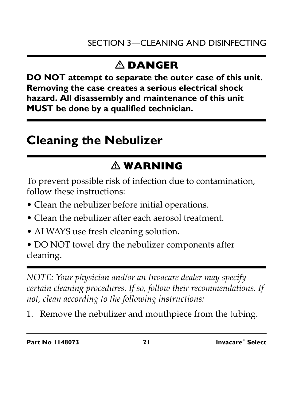C danger, Cleaning the nebulizer, M warning | Clean the nebulizer before initial operations, Clean the nebulizer after each aerosol treatment, Always use fresh cleaning solution, Ꮨ danger, Ƽ warning | Invacare IRC 1705 User Manual | Page 21 / 32