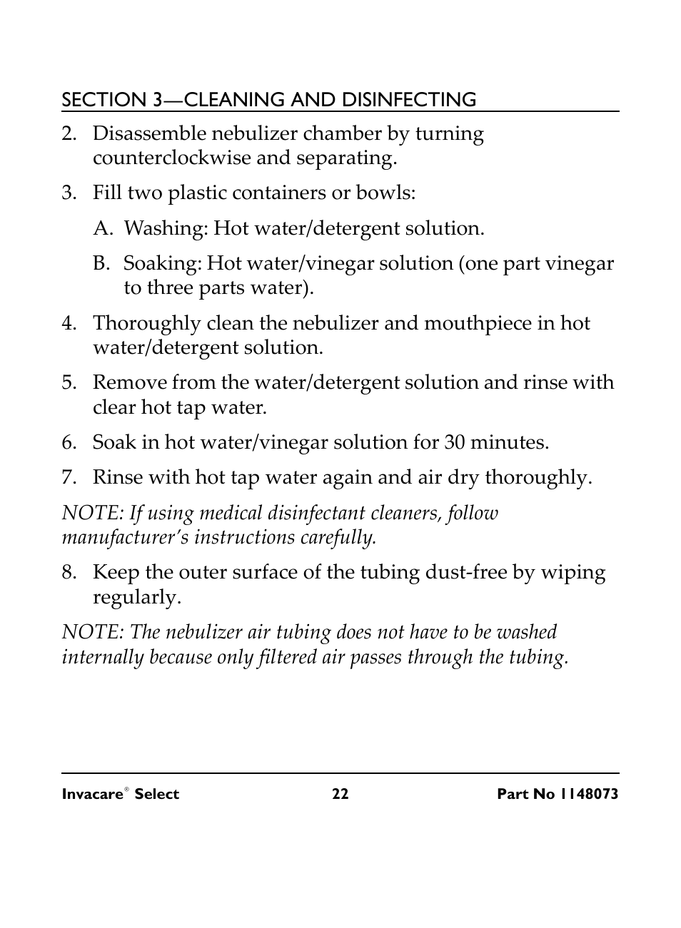 Fill two plastic containers or bowls, A. washing: hot water/detergent solution, Soak in hot water/vinegar solution for 30 minutes | Invacare IRC 1705 User Manual | Page 22 / 32