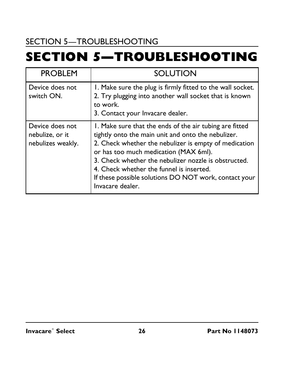 Section 5— troubleshooting, Problem, Solution | Problem solution | Invacare IRC 1705 User Manual | Page 26 / 32