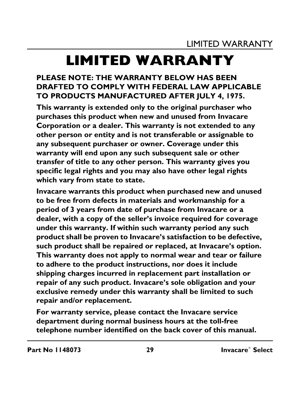 Limited warranty | Invacare IRC 1705 User Manual | Page 29 / 32