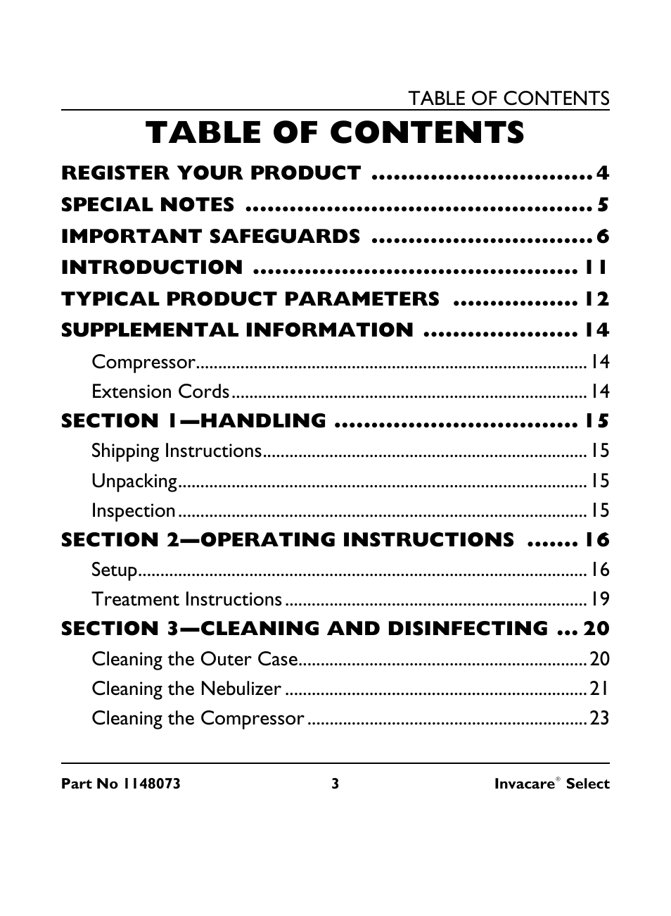 Register your product 4, Special notes 5, Important safeguards 6 | Introduction 11, Typical product parameters 12, Supplemental information 14, Compressor 14, Extension cords 14, Section 1—handling 15, Shipping instructions 15 | Invacare IRC 1705 User Manual | Page 3 / 32