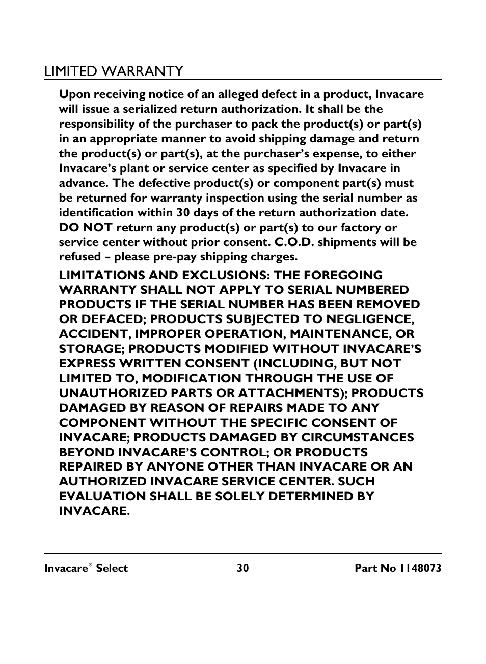 Limited warranty | Invacare IRC 1705 User Manual | Page 30 / 32