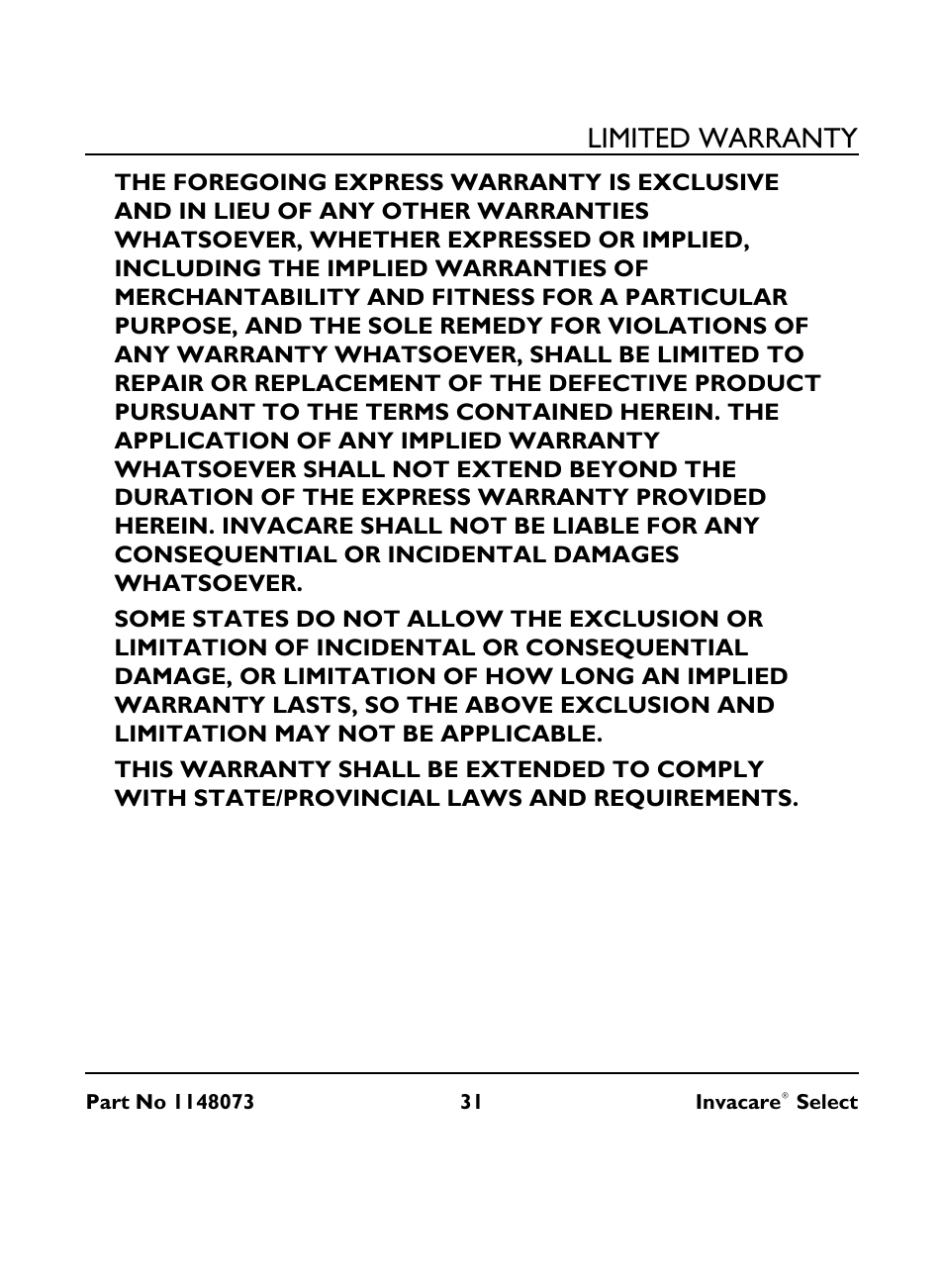 Limited warranty | Invacare IRC 1705 User Manual | Page 31 / 32