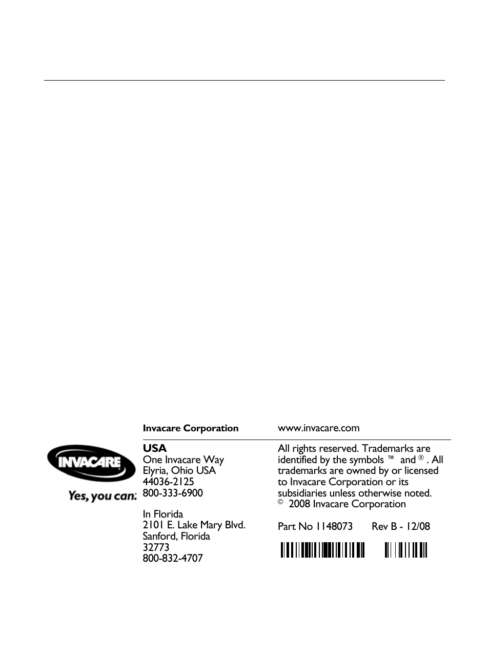 Part no 1148073, Rev b - 12/08 | Invacare IRC 1705 User Manual | Page 32 / 32